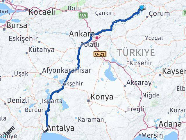 Çorum Oğuzlar Antalya Arası Kaç Km - Yol Haritası