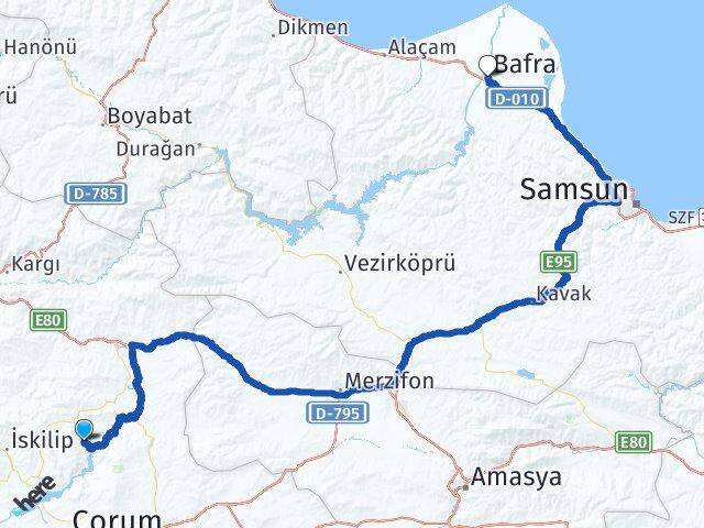 Çorum Oğuzlar Bafra Samsun Arası Kaç Km - Yol Haritası