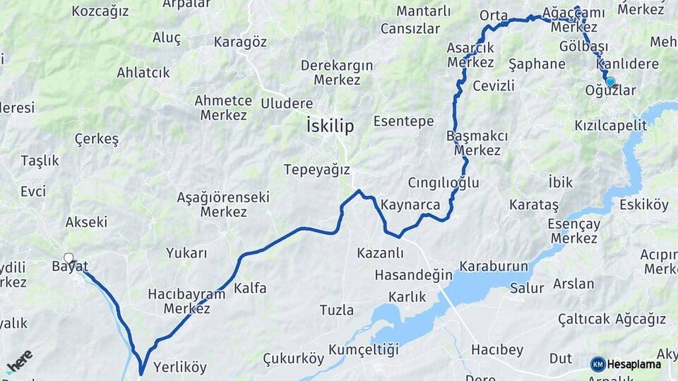 Çorum Oğuzlar Bayat Arası Kaç Km - Yol Haritası