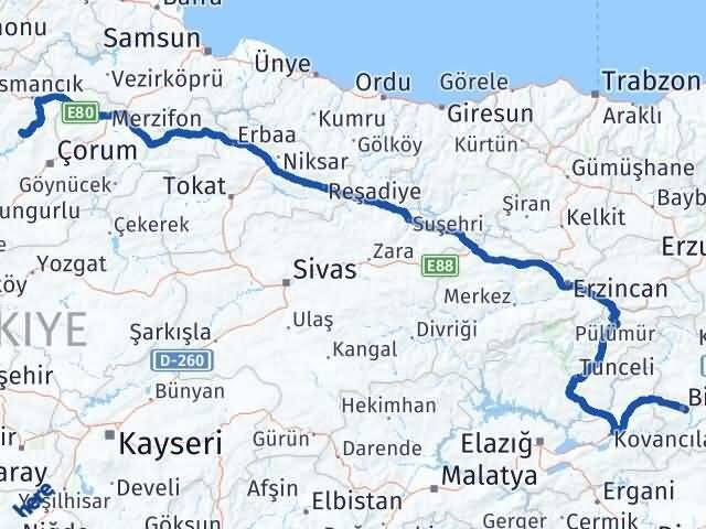 Çorum Oğuzlar Bingöl Arası Kaç Km - Yol Haritası