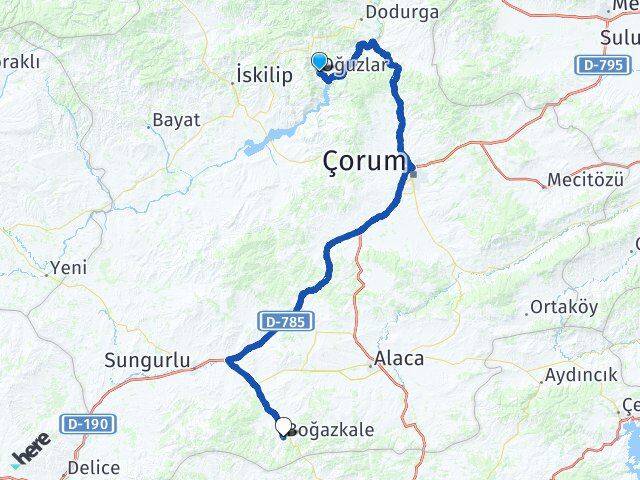 Çorum Oğuzlar Boğazkale Arası Kaç Km - Yol Haritası