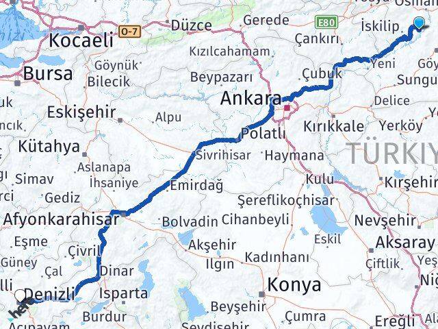 Çorum Oğuzlar Denizli Arası Kaç Km - Yol Haritası