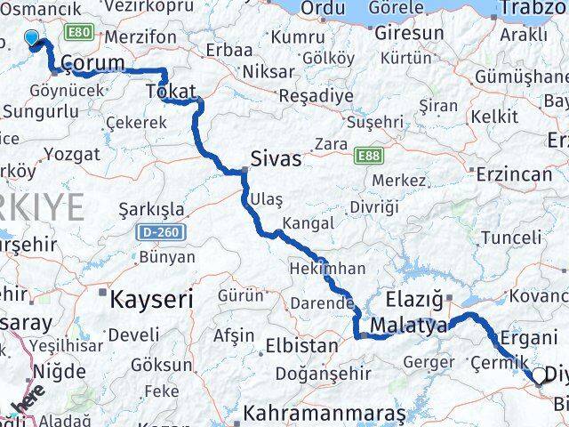 Çorum Oğuzlar Diyarbakır Arası Kaç Km - Yol Haritası