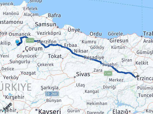 Çorum Oğuzlar Erzincan Arası Kaç Km - Yol Haritası