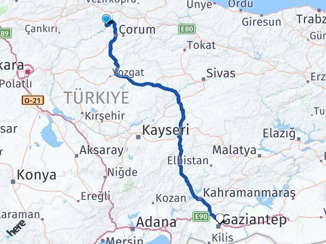 Çorum Oğuzlar Gaziantep Arası Kaç Km - Yol Haritası