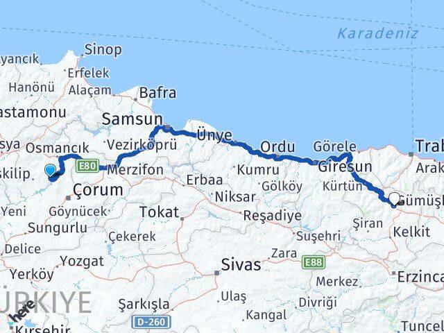 Çorum Oğuzlar Gümüşhane Arası Kaç Km - Yol Haritası