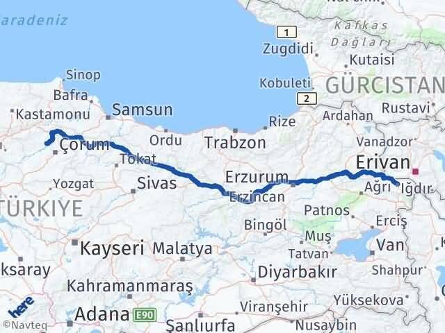 Çorum Oğuzlar Iğdır Arası Kaç Km - Yol Haritası