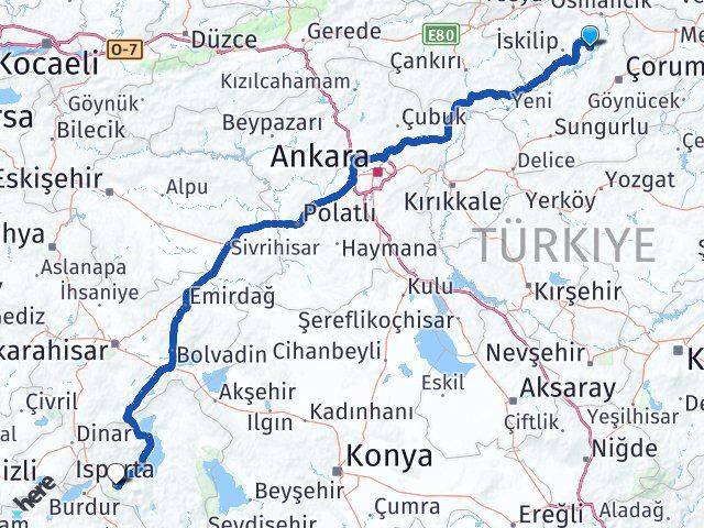 Çorum Oğuzlar Isparta Arası Kaç Km - Yol Haritası