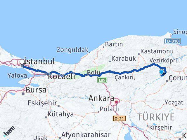 Çorum Oğuzlar İstanbul Arası Kaç Km - Yol Haritası
