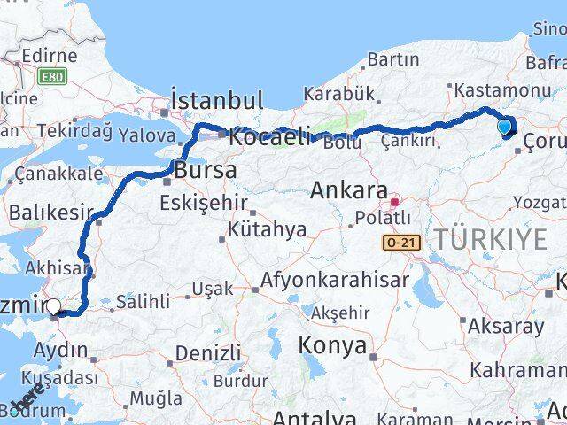 Çorum Oğuzlar İzmir Arası Kaç Km - Yol Haritası