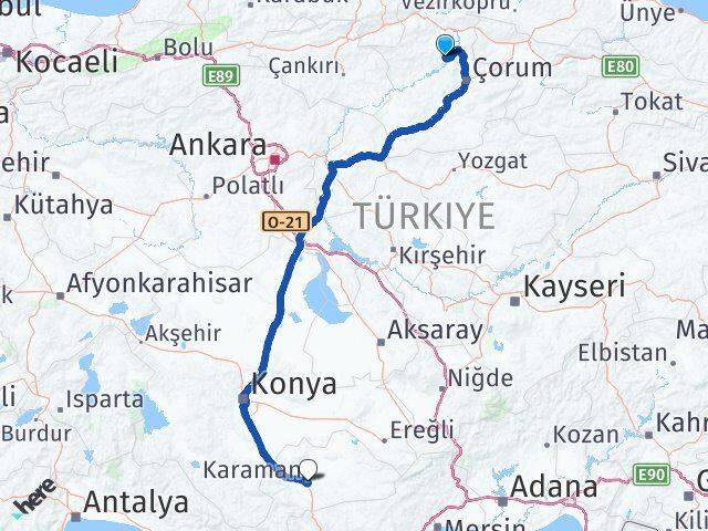 Çorum Oğuzlar Karaman Arası Kaç Km - Yol Haritası