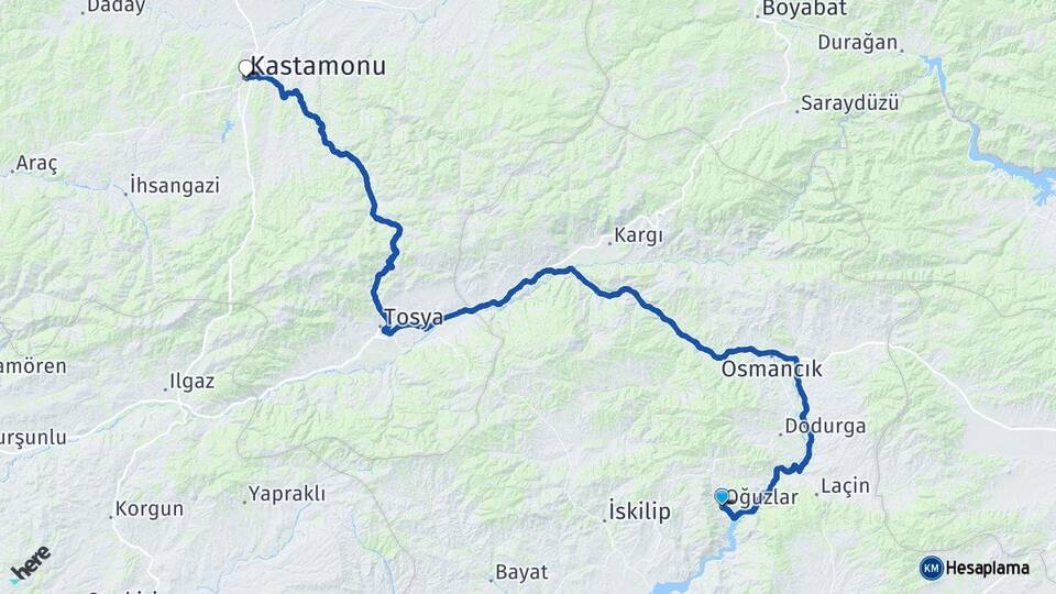 Çorum Oğuzlar Kastamonu Arası Kaç Km - Yol Haritası
