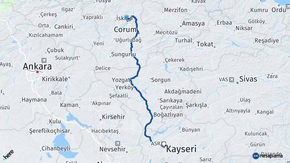 Çorum Oğuzlar Kayseri Arası Kaç Km - Yol Haritası