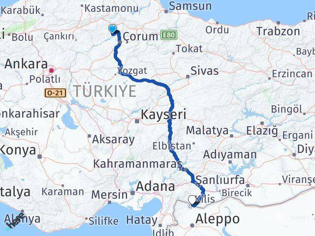 Çorum Oğuzlar Kilis Arası Kaç Km - Yol Haritası