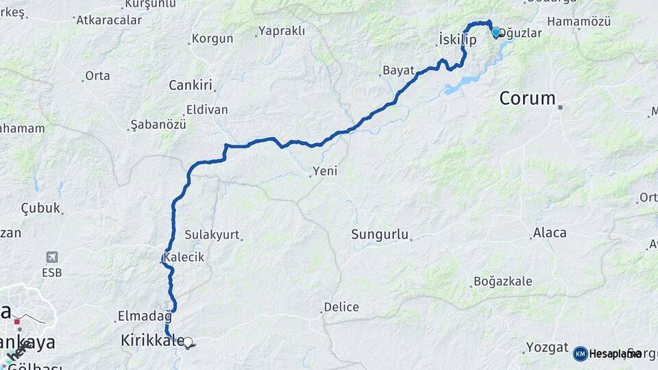 Çorum Oğuzlar Kırıkkale Arası Kaç Km - Yol Haritası