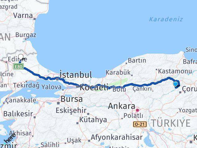 Çorum Oğuzlar Kırklareli Arası Kaç Km - Yol Haritası