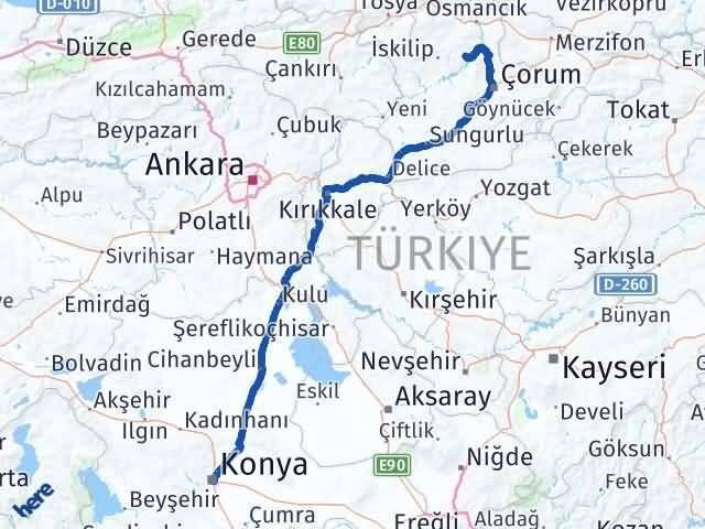 Çorum Oğuzlar Konya Arası Kaç Km - Yol Haritası