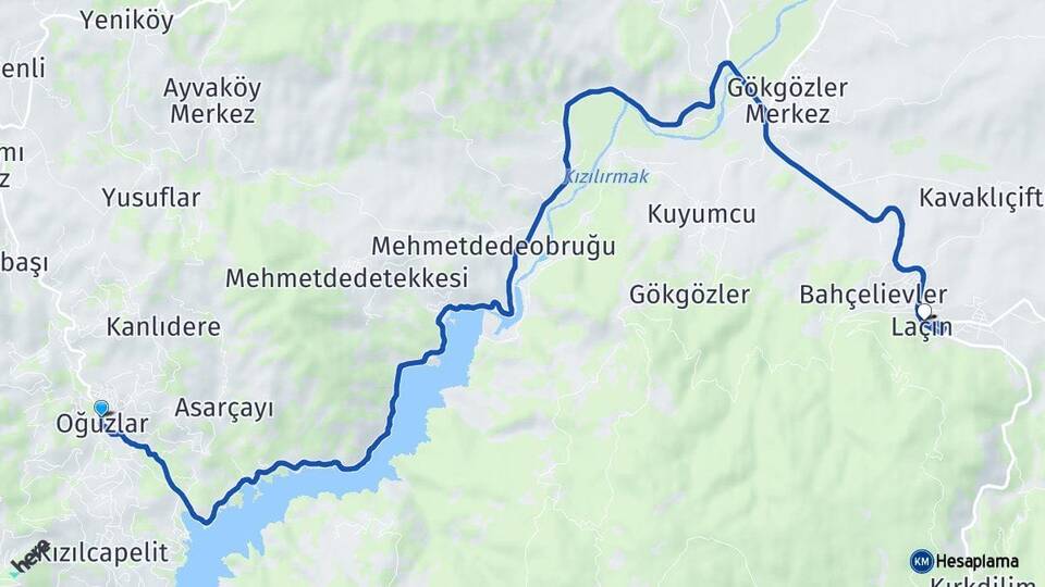 Çorum Oğuzlar Laçin Arası Kaç Km - Yol Haritası