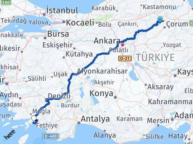 Çorum Oğuzlar Muğla Arası Kaç Km - Yol Haritası