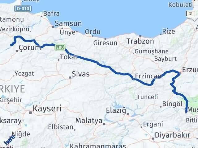 Çorum Oğuzlar Muş Arası Kaç Km - Yol Haritası