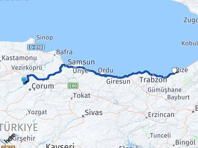 Çorum Oğuzlar Rize Arası Kaç Km - Yol Haritası