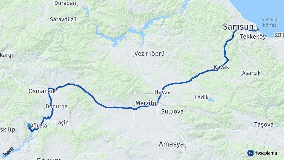 Çorum Oğuzlar Samsun Arası Kaç Km - Yol Haritası