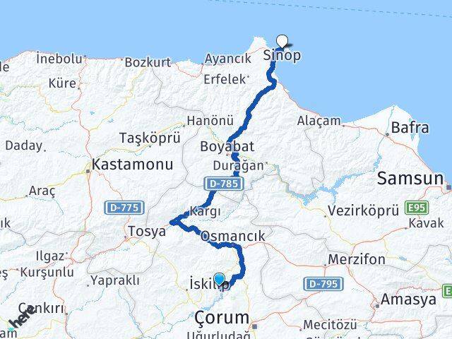 Çorum Oğuzlar Sinop Arası Kaç Km - Yol Haritası