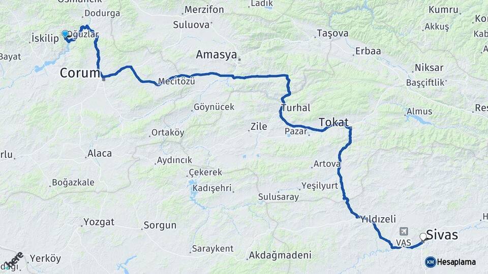 Çorum Oğuzlar Sivas Arası Kaç Km - Yol Haritası