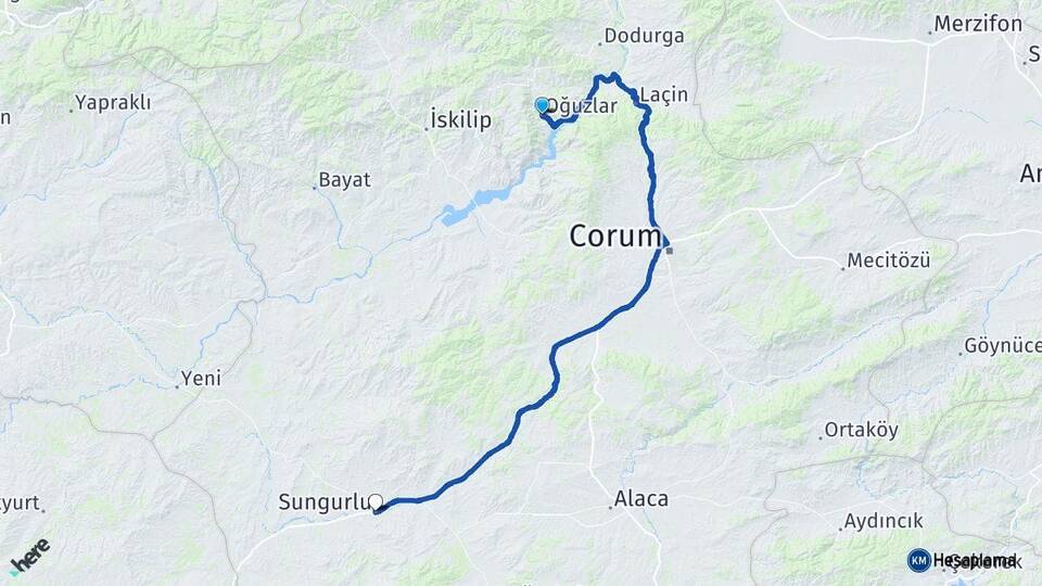 Çorum Oğuzlar Sungurlu Arası Kaç Km - Yol Haritası