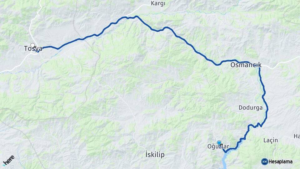 Çorum Oğuzlar Tosya Kastamonu Arası Kaç Km - Yol Haritası