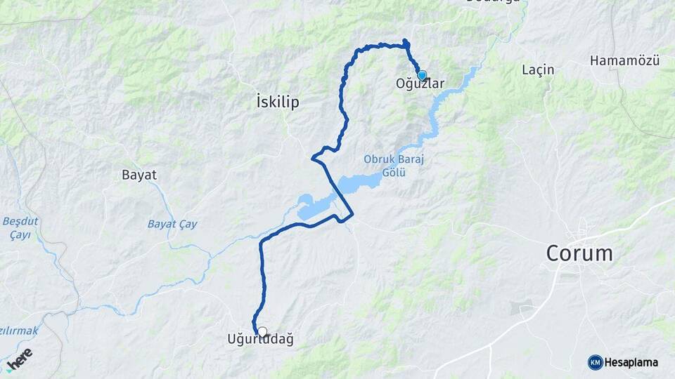 Çorum Oğuzlar Uğurludağ Arası Kaç Km - Yol Haritası