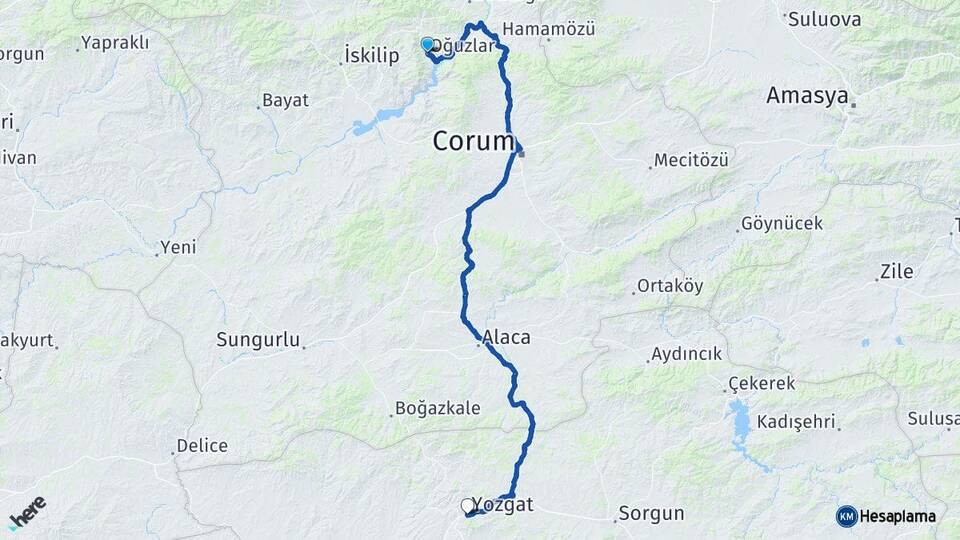 Çorum Oğuzlar Yozgat Arası Kaç Km - Yol Haritası