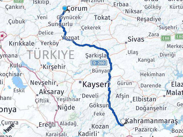Çorum Onikişubat Kahramanmaraş Arası Kaç Km - Yol Haritası