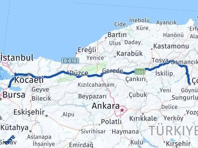 Çorum Orhangazi Bursa Arası Kaç Km - Yol Haritası