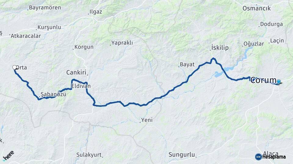 Çorum Orta Çankırı Arası Kaç Km - Yol Haritası