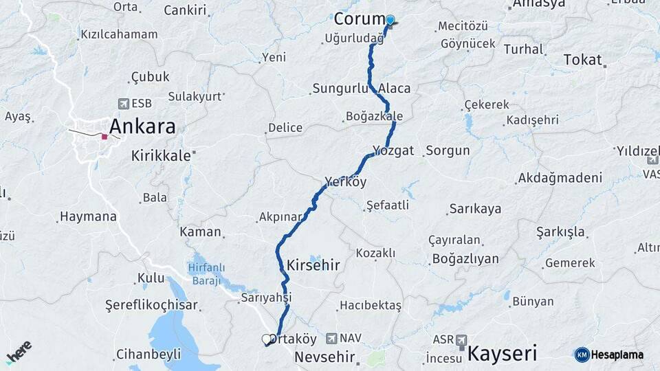 Çorum Ortaköy Aksaray Arası Kaç Km - Yol Haritası