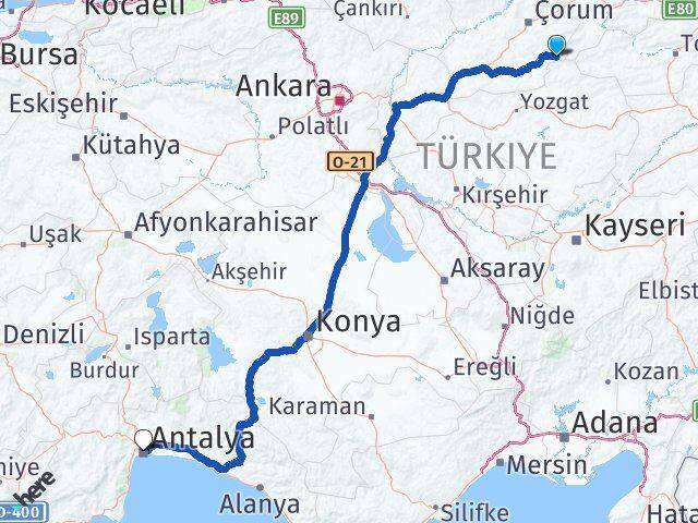 Çorum Ortaköy Antalya Arası Kaç Km - Yol Haritası