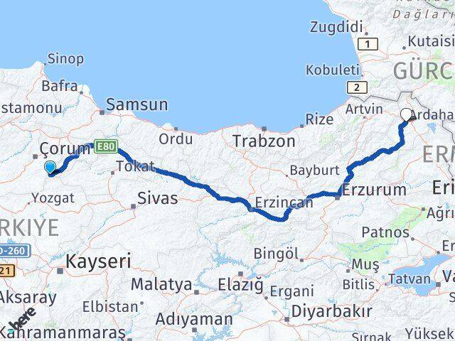 Çorum Ortaköy Ardahan Arası Kaç Km - Yol Haritası