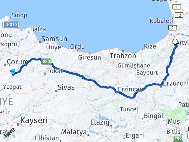 Çorum Ortaköy Artvin Arası Kaç Km - Yol Haritası