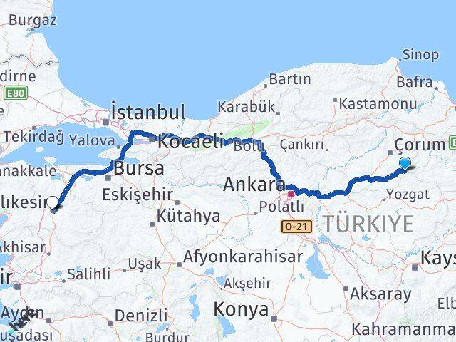 Çorum Ortaköy Balıkesir Arası Kaç Km - Yol Haritası