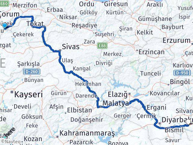Çorum Ortaköy Batman Arası Kaç Km - Yol Haritası