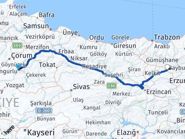 Çorum Ortaköy Bayburt Arası Kaç Km - Yol Haritası