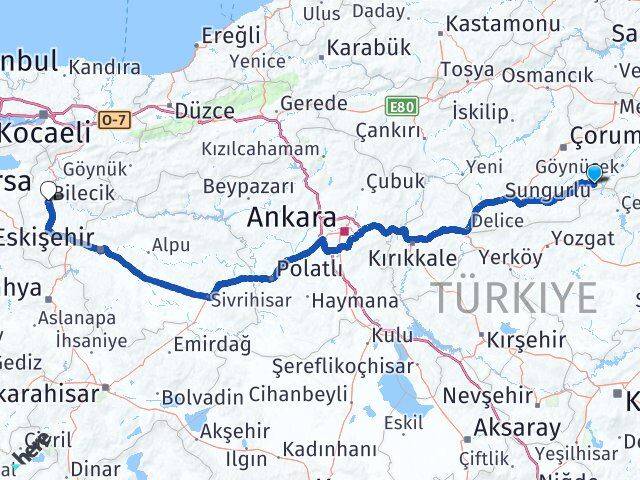 Çorum Ortaköy Bilecik Arası Kaç Km - Yol Haritası