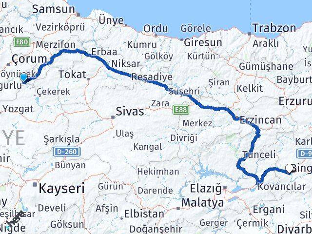 Çorum Ortaköy Bingöl Arası Kaç Km - Yol Haritası