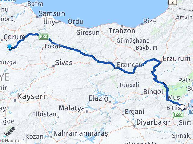 Çorum Ortaköy Bitlis Arası Kaç Km - Yol Haritası