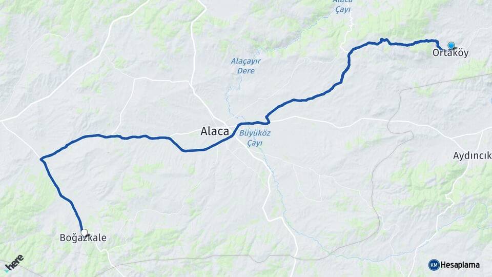 Çorum Ortaköy Boğazkale Arası Kaç Km - Yol Haritası