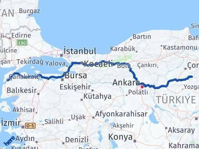 Çorum Ortaköy Çanakkale Arası Kaç Km - Yol Haritası