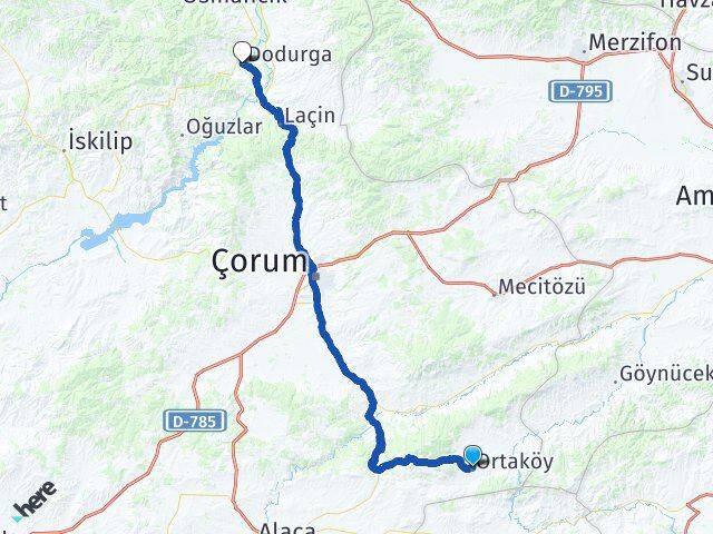 Çorum Ortaköy Dodurga Arası Kaç Km - Yol Haritası