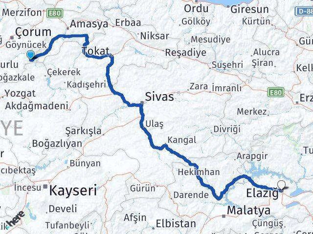 Çorum Ortaköy Elazığ Arası Kaç Km - Yol Haritası