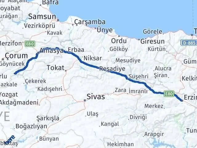 Çorum Ortaköy Erzincan Arası Kaç Km - Yol Haritası